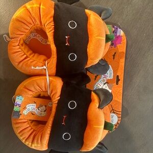 Squishmallows Orange and Black Pumpkin Cat Slippers